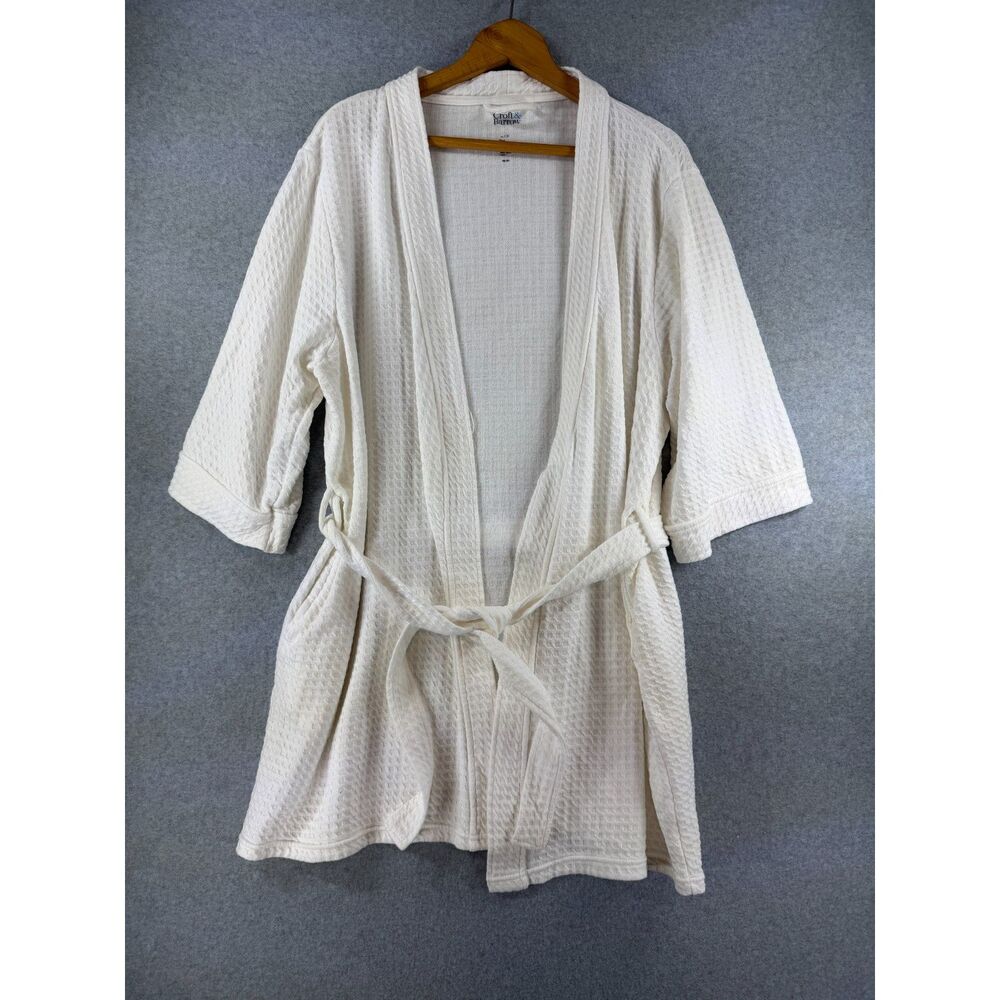 Croft & Barrow Women’s Medium White Waffle Knit Kimono Bath Robe Belted 3634